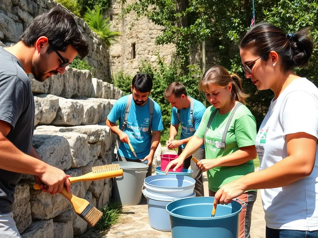 A group of volunteers are cleaning and restoring an old stone wall in Saléon, showcasing community involvement in heritage preservation.