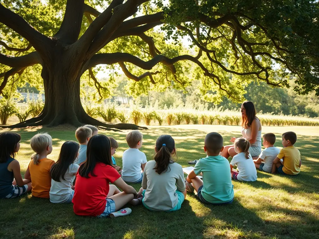 A photograph of local children participating in a workshop learning about the history and traditions of Saléon.